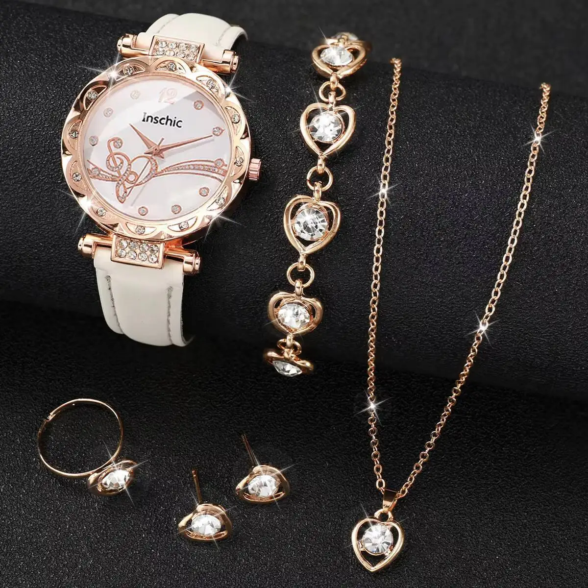6PCS/Set Fashion Rhinestone Women's Watch Leather Band Analog Quartz Watches Heart Jewelry Set Reloj Mujer（Without Box）
