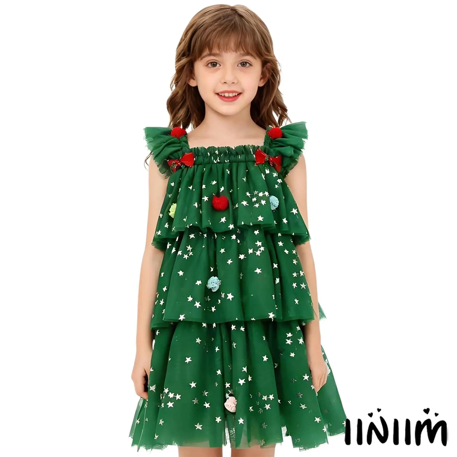 

Toddler Baby Girl Christmas Tress Dress Golden Star Print Ruffled Shoulder Straps Layered Tulle Tutu Dress for Family Gatherings