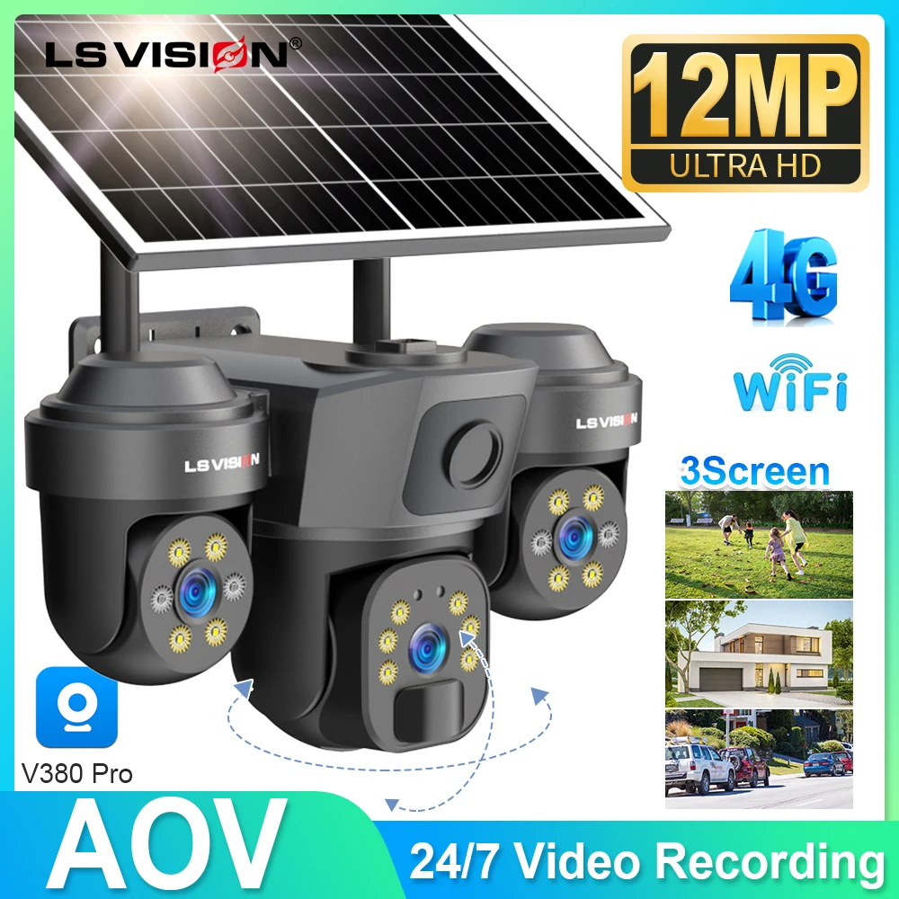LS VISION 12MP 3 Screen WiFi or 4G AOV Solar Camera 10X Zoom Outdoor 24/7 Video Surveillance  Recording Auto Tracking Cam V380