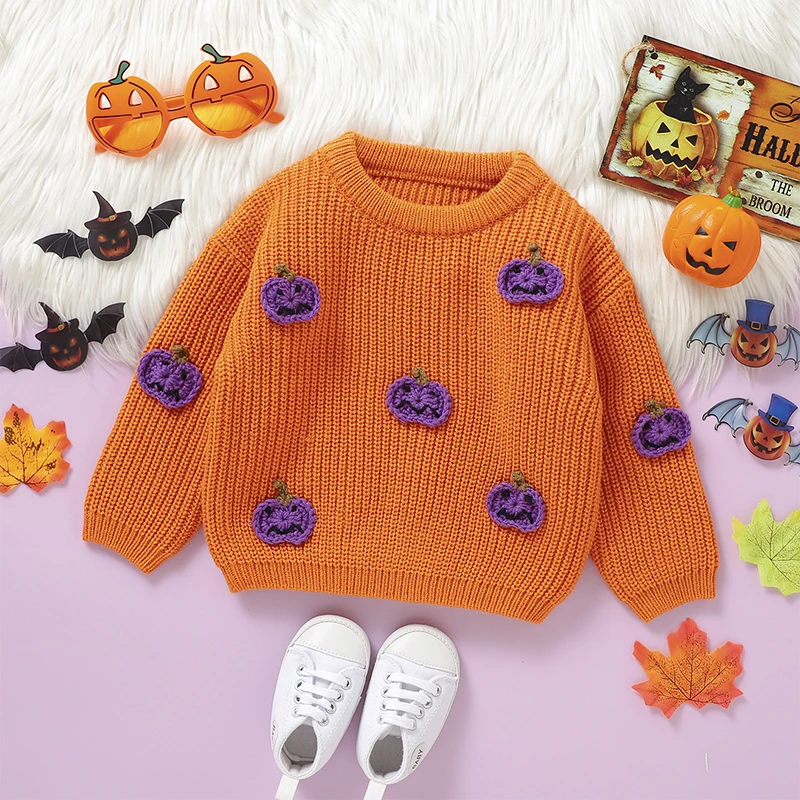 Baby Girls Boys Knitted Sweater Long Sleeve Crew Neck Pumpkin Warm Halloween Clothes Outerwear Winter Kids Tops Outfits