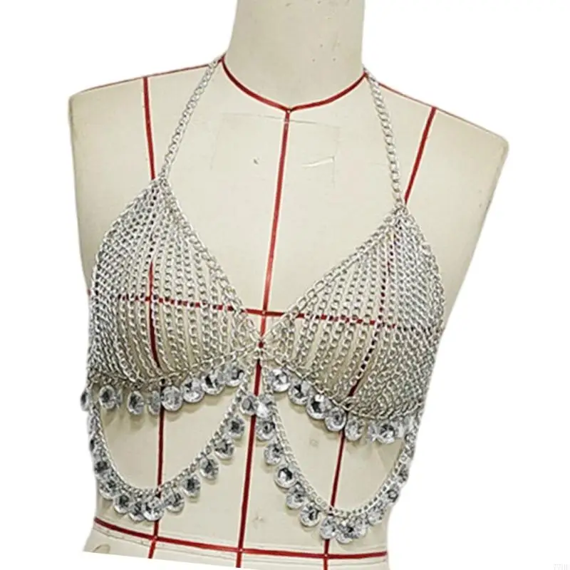 77HE Women's Glittering Sequins Tassels Vest Halter Backless Top Fringe Waist Chain Skirt For Dance Costume And Performances