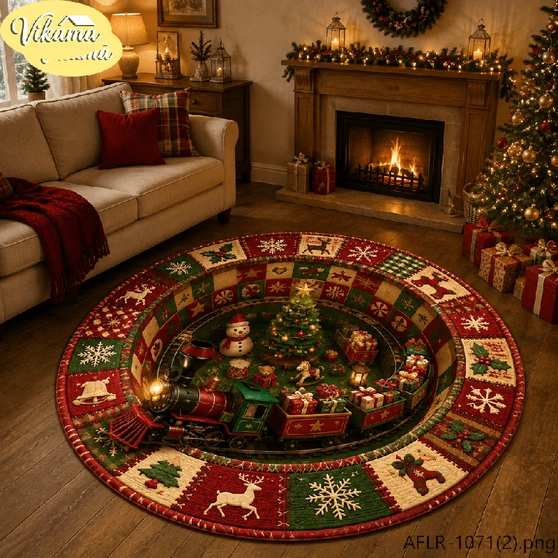 VIKAMA 3D Christmas Train Round Rug Flannel Non Slip Circular Carpet Tree Snowman Gift Pattern Living Room Bedroom Floor Mat