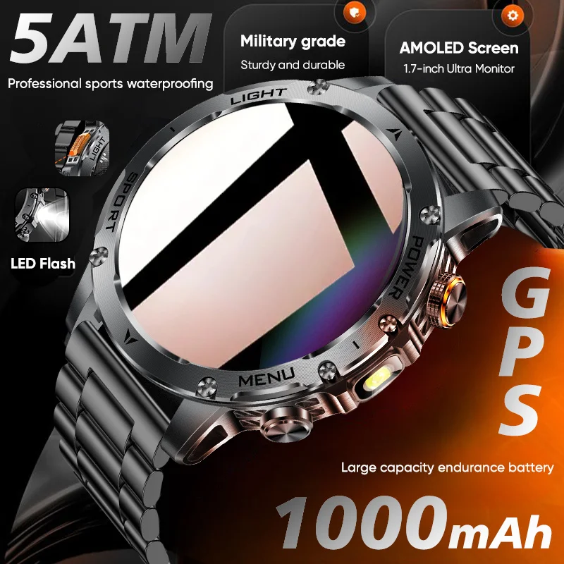 

2025 New Military Tactics GPS Smart Watch AMOLED 5ATM Swim Waterproof 1000mAh Large capacity 100Day Battery LED Flash Smart Watc