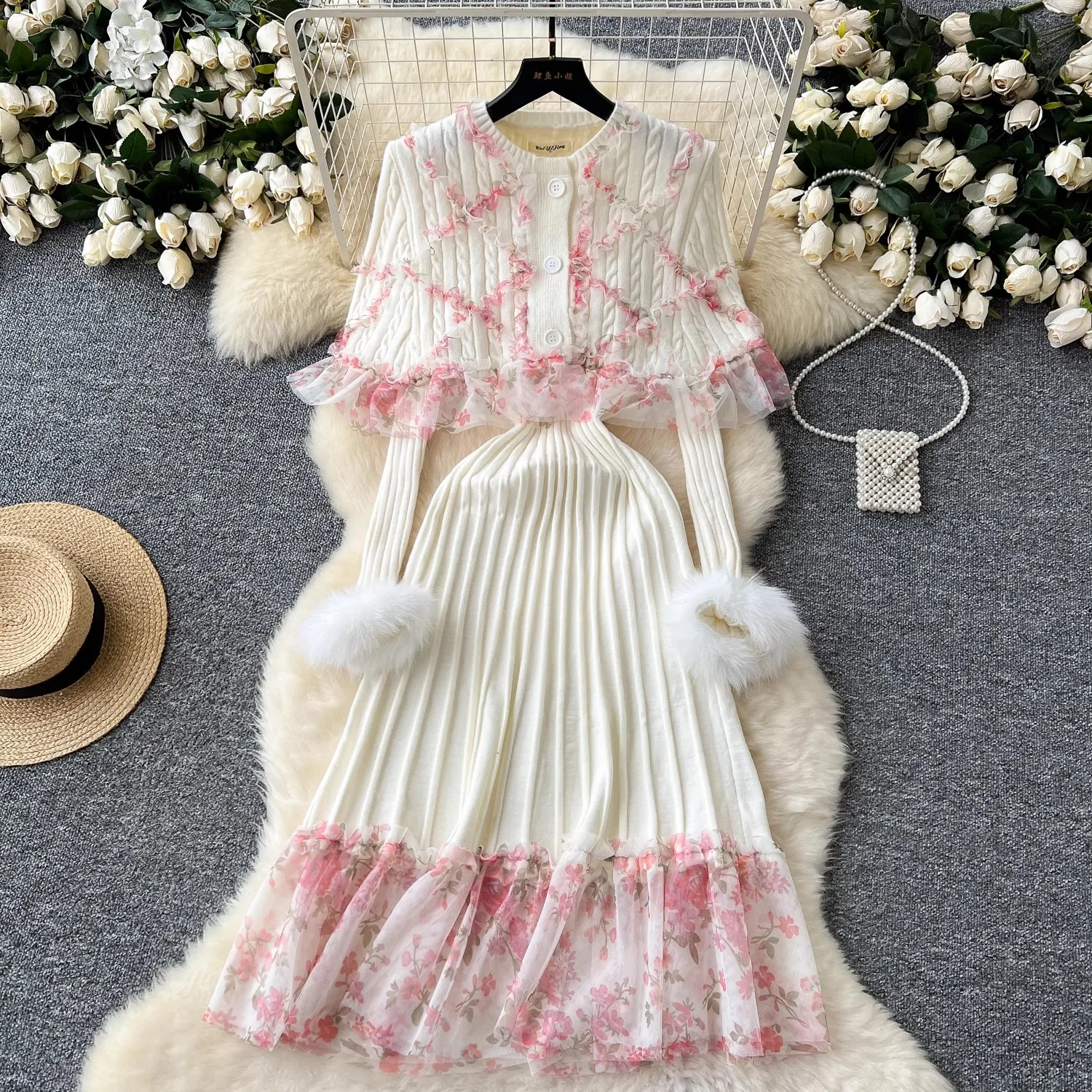 Autumn Winter Sweater Dress 2 Pieces Set Women Long Sleeve Mesh Splicing Knitted Dress And Cardigan Tops Set Female Outfits