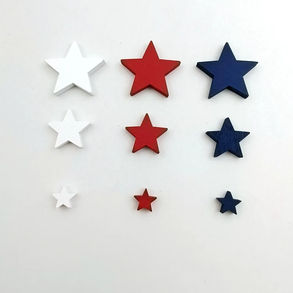 

10-30Mm three-color mixed Independence Day theme decoration 5mm star wood chips, wooden handicrafts 120pcs/bag