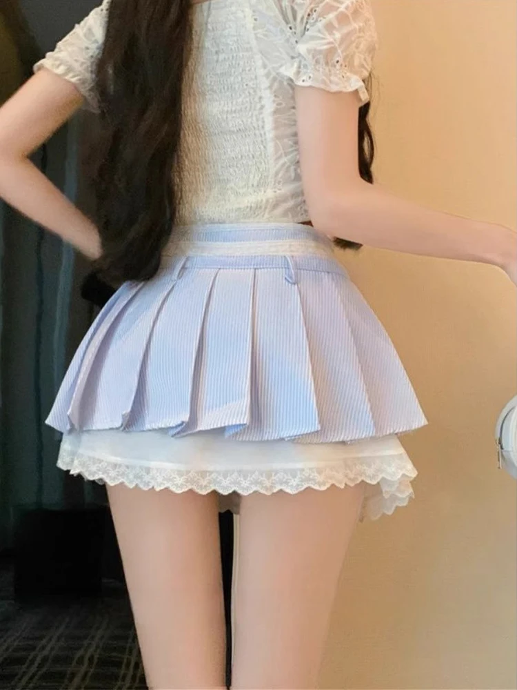 Épicée fille dentelle garnie Plaid plissé ort jupe femmes printemps été collège Sle petite taille a-ligne Anti-lumière f jupe