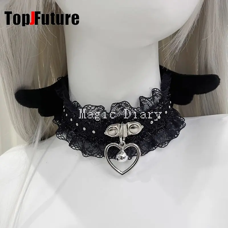 Steampunk Gothic Lolita Y2K Spice Girl Cosplay Angel Wings Collar Harajuku Punk Streetwear Women Men Lace Ruffle Necklace Choker