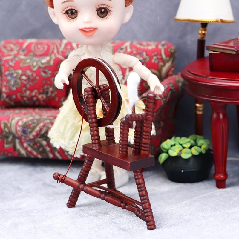 Retro Dollhouse Miniature Hand Reeling Machine Mini Wood Spinning Wheel Mold Playhouse Sewing Toy Playthings for Decor A2UB