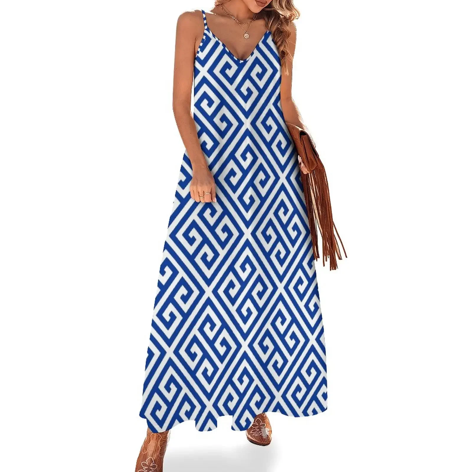 Meandros - Greek meander white and blue design. Sleeveless Dress dresses summer dress Dress