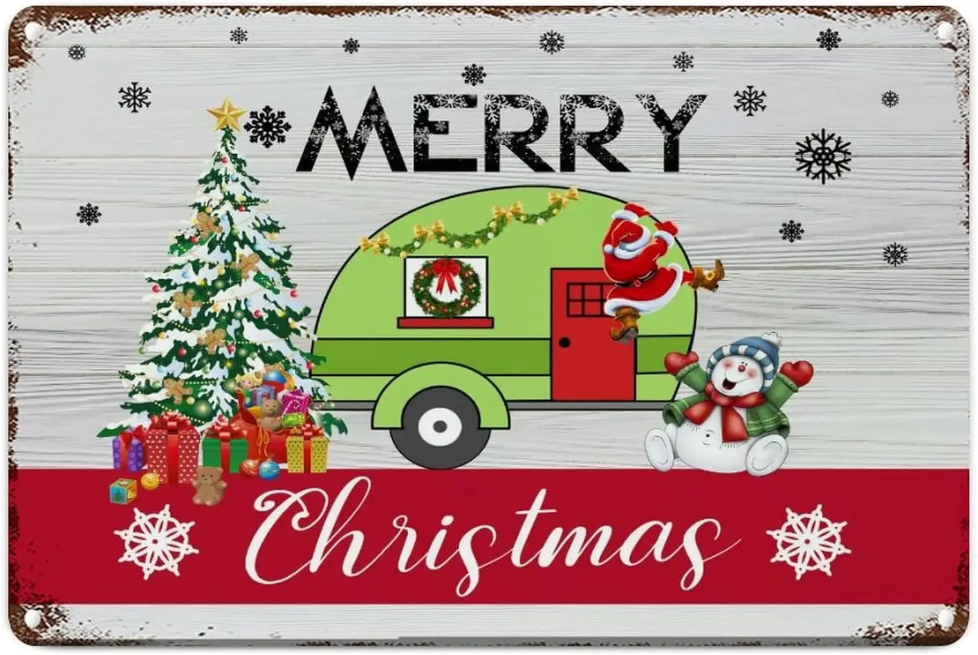 Merry Christmas Caravan Snowman Dog Metal Wall Decor Sign Snowflake Red Plaid Camper Van Metal Plaque Sign Western Christmas Ret