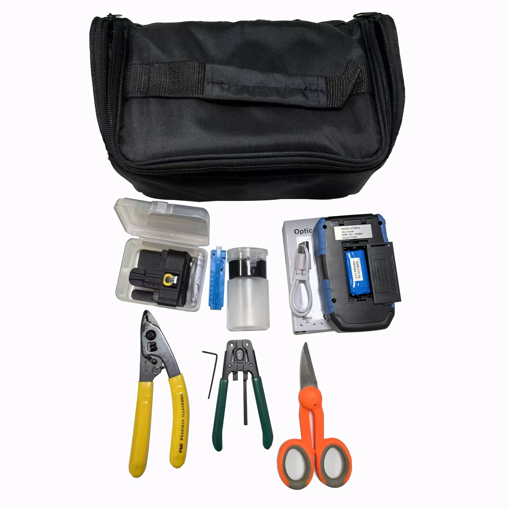 FTTH Fiber Optic Tool Kits with OPM+VFL Optical Multimeter and Fiber Cleaver and Optical Fiber Stripper and Kevlar Scissors