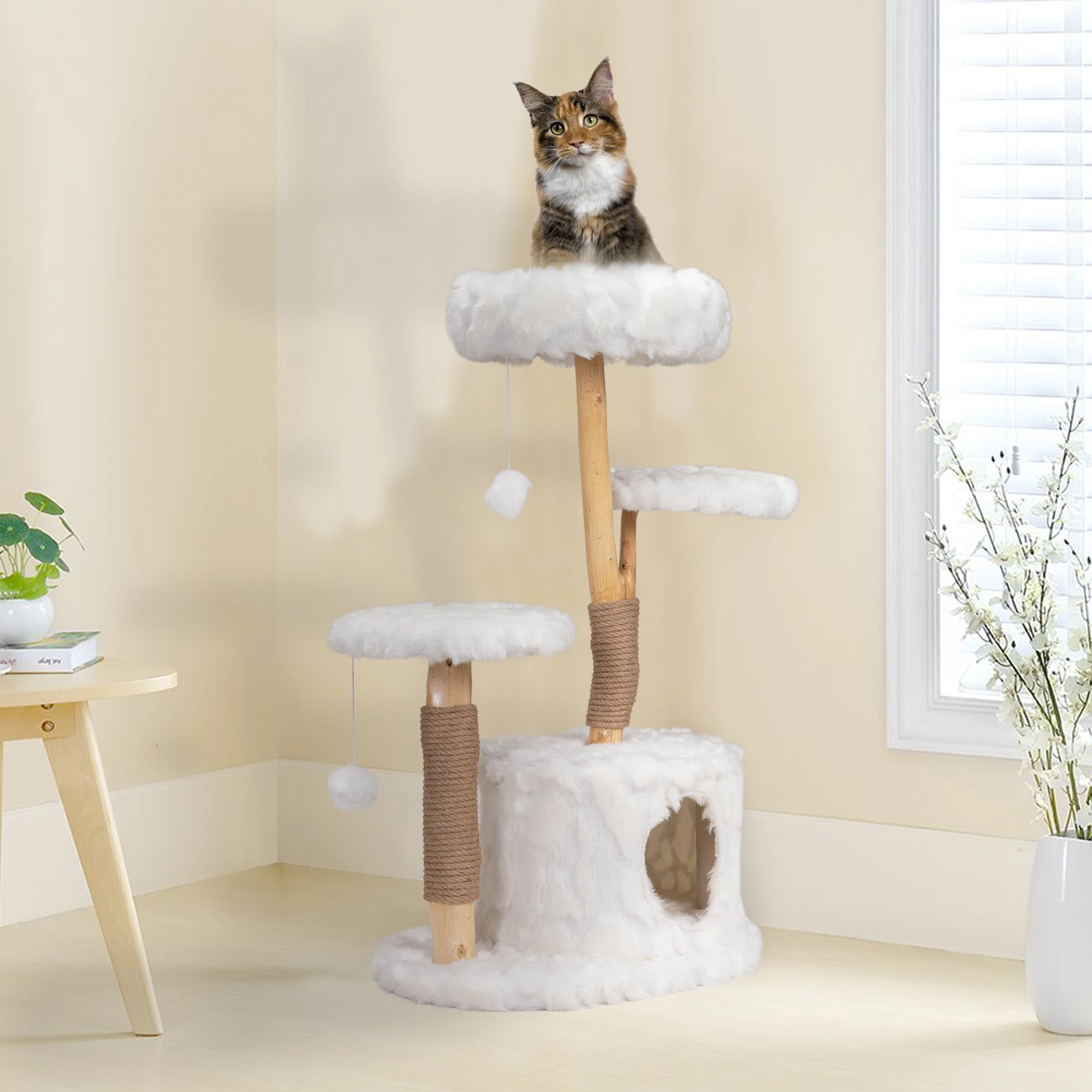 Modern Cat Tree, Natural Branch Cat Tower, Luxury Cat Condo, Indoor Cat Furniture, Kitten Cat Gift, White