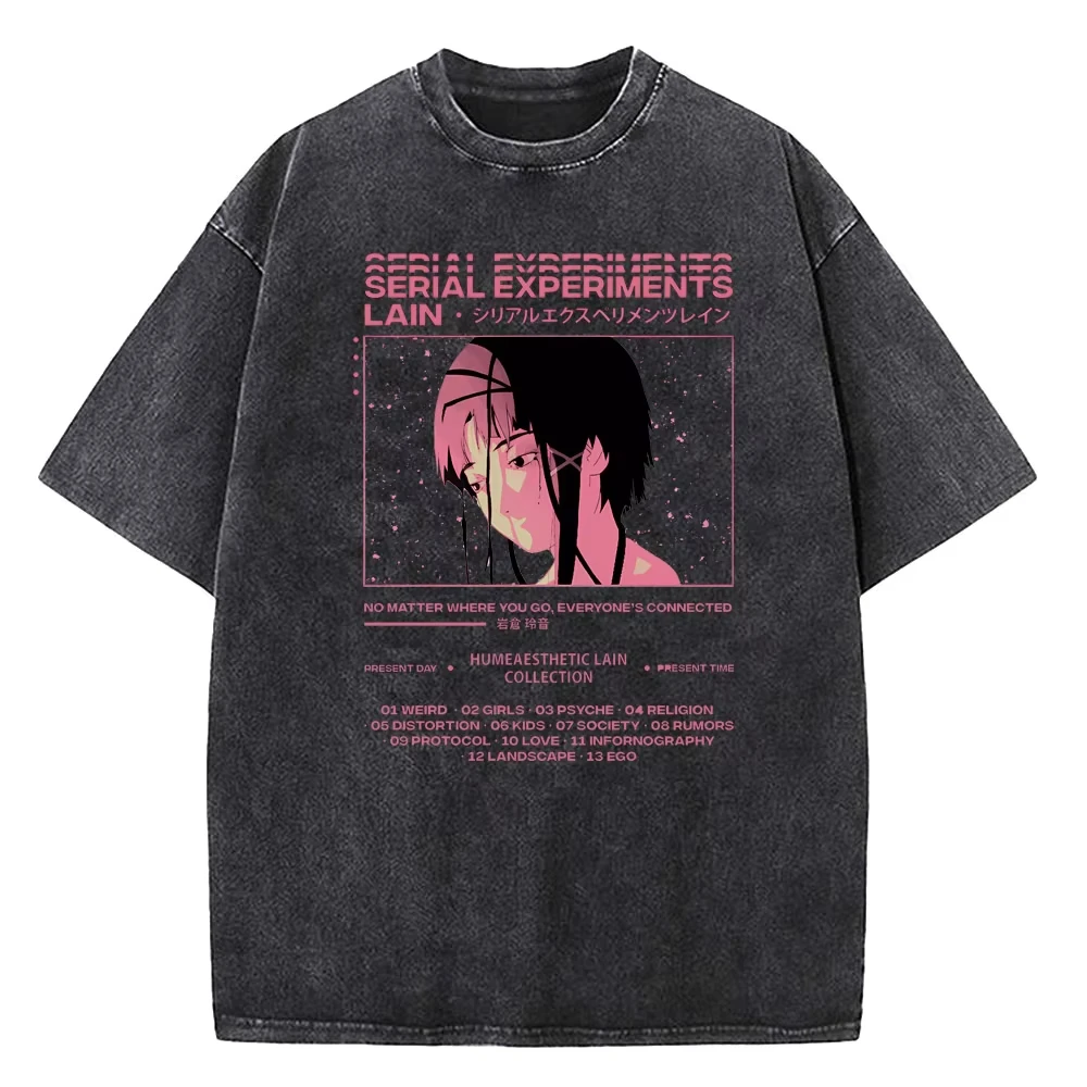 Premium Cotton Vintage Washed Tee With Serial Experiments Lain Anime Manga Print, Retro Japanese Streetwear For Daily Matching.