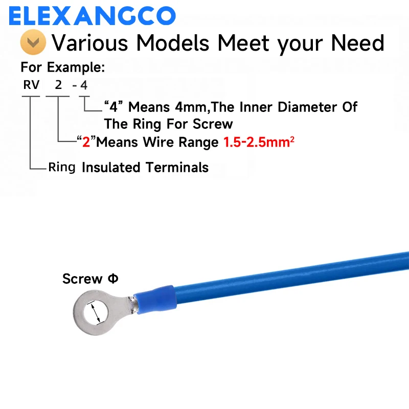 100Pcs RV2 Series Insulated Ring Crimp Terminal Electrical Wire Connector For 16-14 AWG 1.5-2.5mm Cable