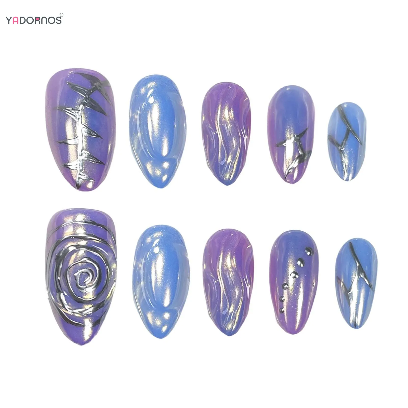 Aurora Handmade Unhas Falsas, Unhas Falsas Azuis Roxas Amêndoas, Heavy Metal, Wearable Manicure Tips, Y2K Girls, 10Pcs