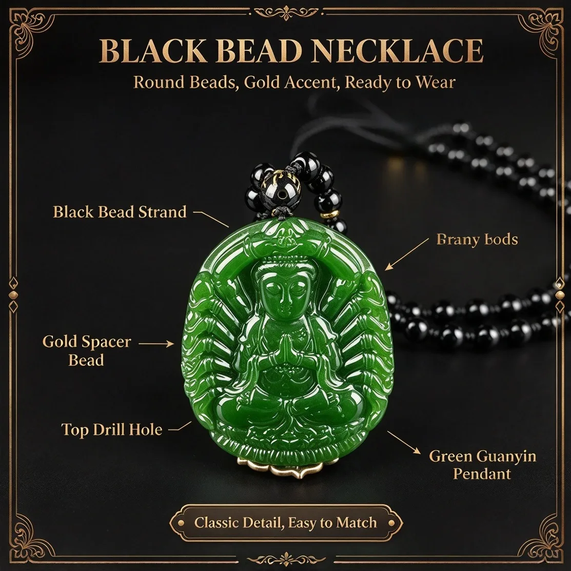 Natural Green Jade Guanyin Pendant Necklace Goddess Mercy Amulet Vintage Sweater Chain Jewelry Daily Lucky Gift Drop Shipping view 4