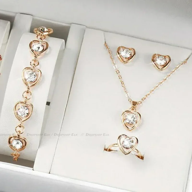 5PCS Set Fashion Elegance Rhinestone Double Heart Gold-Color Heart Shaped Jewelry Set Ring Earrings Necklace For Women Jewelry