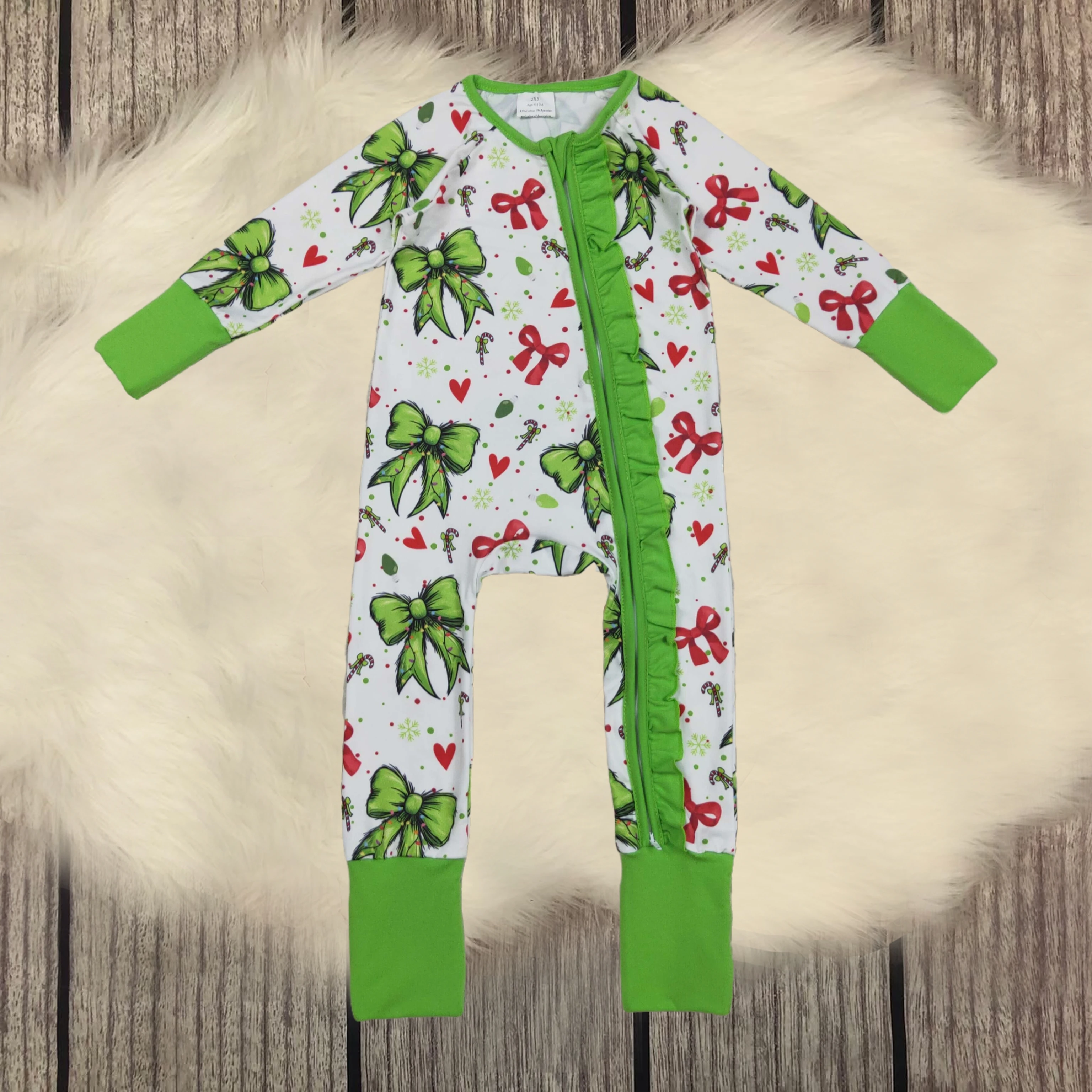 

Wholesale Girl Jumpsuit Baby Infant Christmas Clothes Kids Children Bows Long Sleeves Newborn Toddler Green Ruffle Zipper Romper