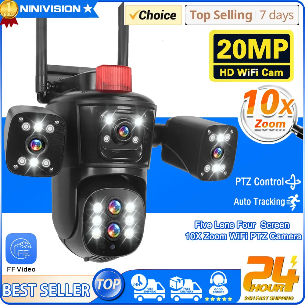 

10K 20mp Outdoor Wireless Wifi Security Camera 10X Zoom Auto Tracking 8K PTZ 5 Lens 4 Screens IP CCTV Cam Waterproof