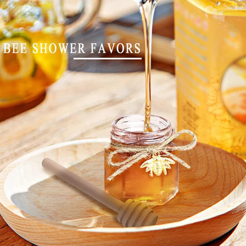 60-Count 1.5 oz Mini Hexagonal Glass Honey Jars Small Honey Jars with Wooden Dippers Bee Charms Honey Jars with Gold Lids for
