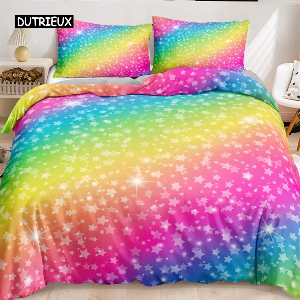 Ensemble de housse de couette Rainbow 202 lon pour filles, parure de lit Rainbow Star Girly Glitter, housse de couette douce et confortable, taille double Queen et King