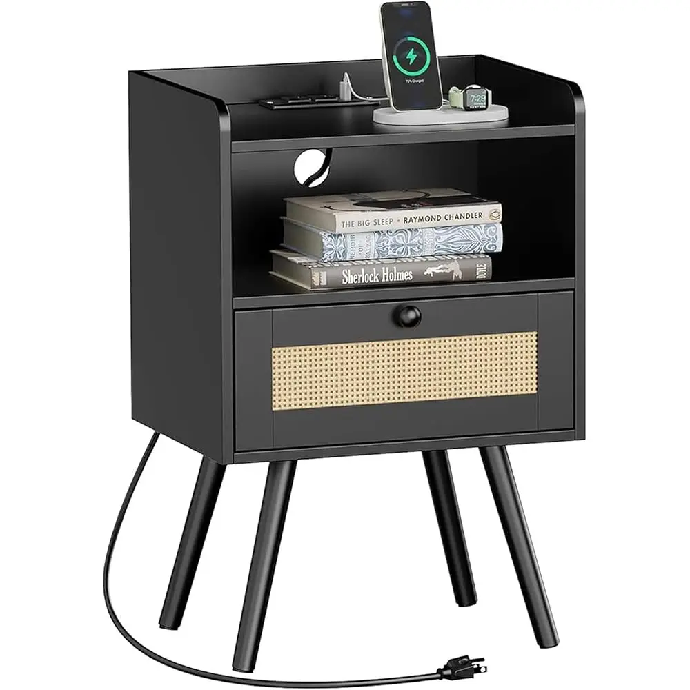 

Nightstand With Charging Station & Rattan-Like Decor Drawer, Rattan End Table With Solid Wood Feet, Bed Side Table With Open