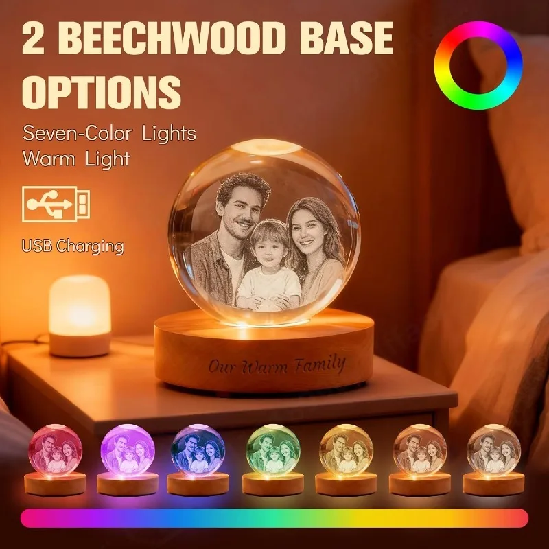 Personalized 3D Photo Crystal Ball Lamp Custom Engraved Lamp Pet Couple Birthday Wedding Memorial Gift