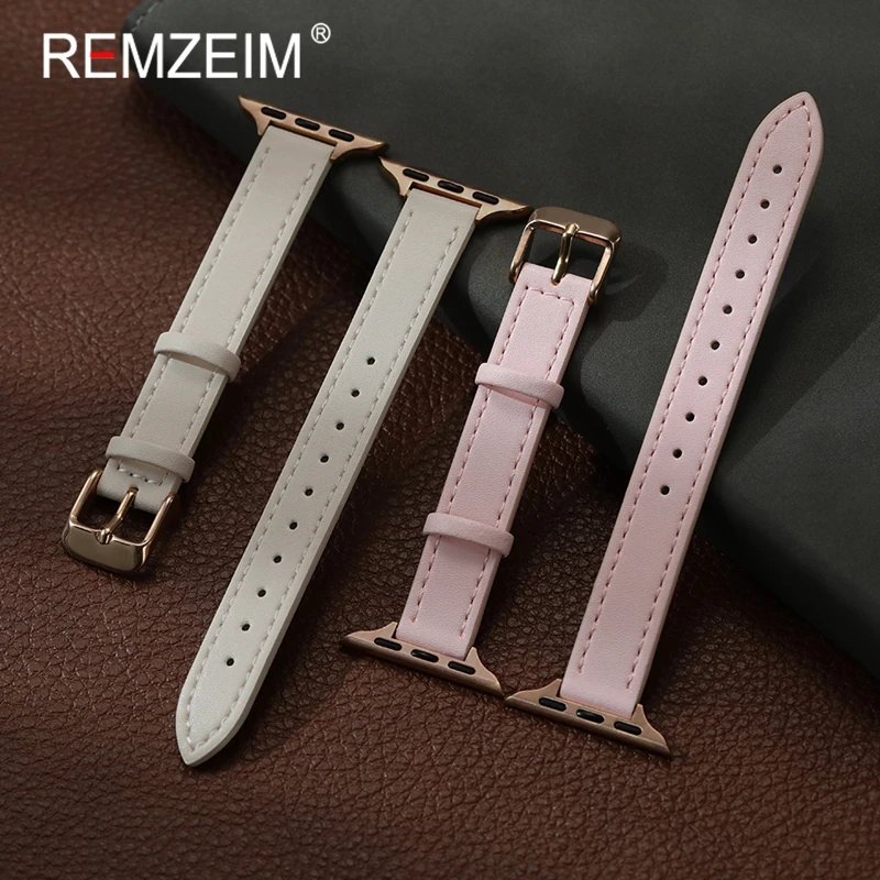 Ремешок из телячьей кожи для Apple Watch 1-10 SE, ультратонкие милые женские ремешки для часов для Iwatch 49/46/45/44/42/41/40/38 мм