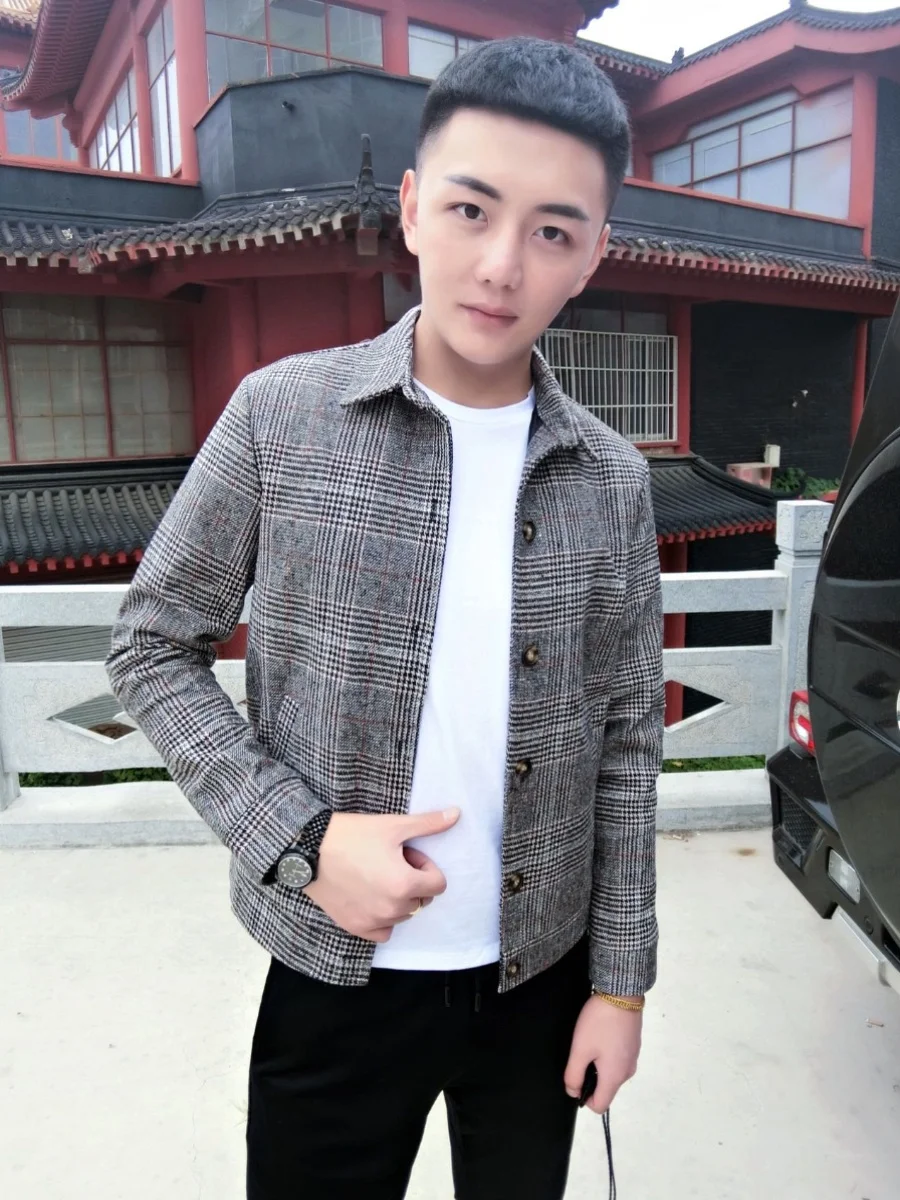 

Royal Baron Plaid Woolen Jaet Men's Slim Fit Collar Coat Autumn Winter Faion Trendy Youth Casual Outerwear