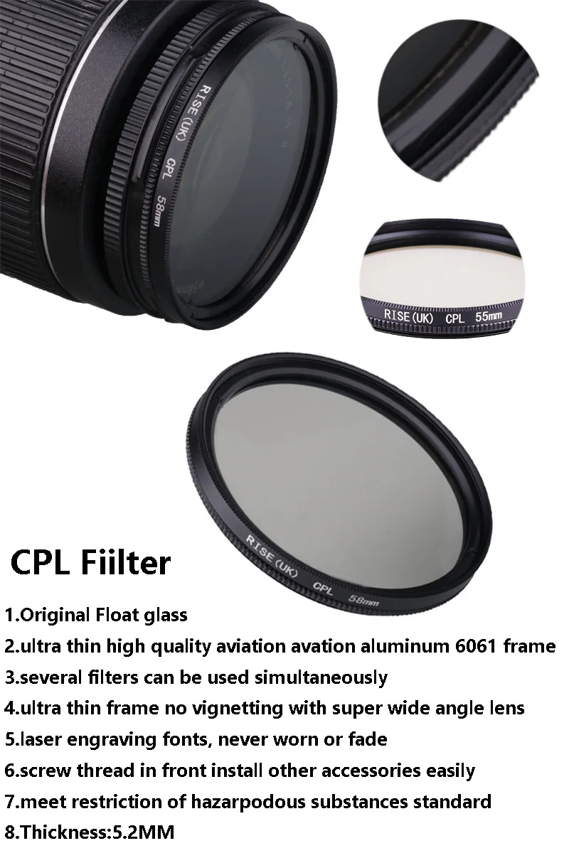 RISE(UK) 37/39/40.5/43/46/49/52/55/58/62/67/72/77/82/95/105mm Circular Polarizing CPL Filter for Nikon Canon Sony Fujifim lens