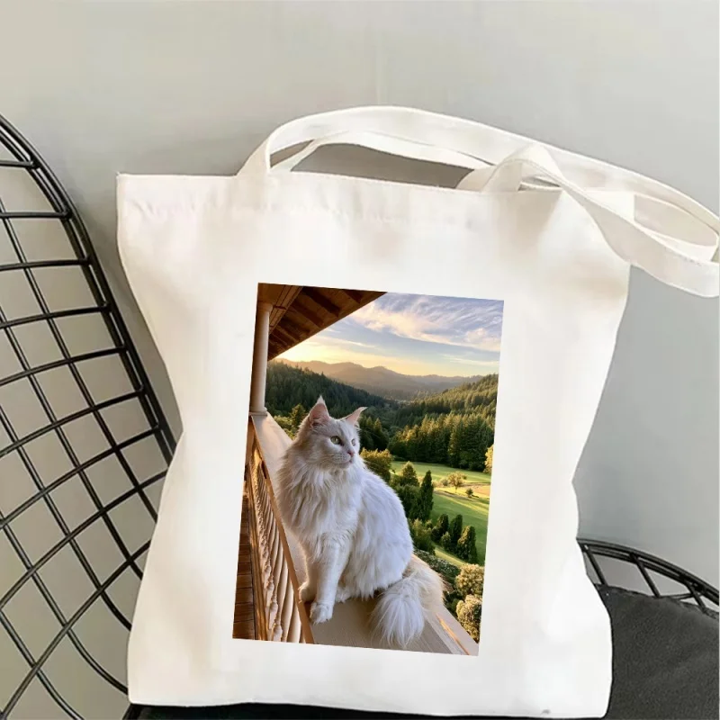 

White Cat Canvas Bag Tote Bag Shoulder Bag Handbag Mountain View Sunset Print Aesthetic Gift For Women Girls Nature Lover