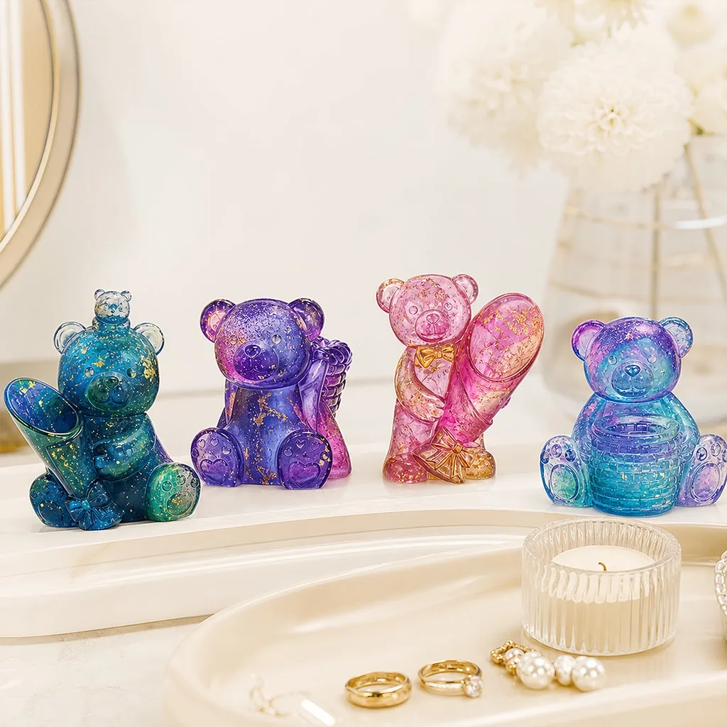 Silicone Mould Set Translucent White Gypsum Mold Flower Holding Bear Silicone Mold Clear Shaped Resin Mold For Gift Giving Daily