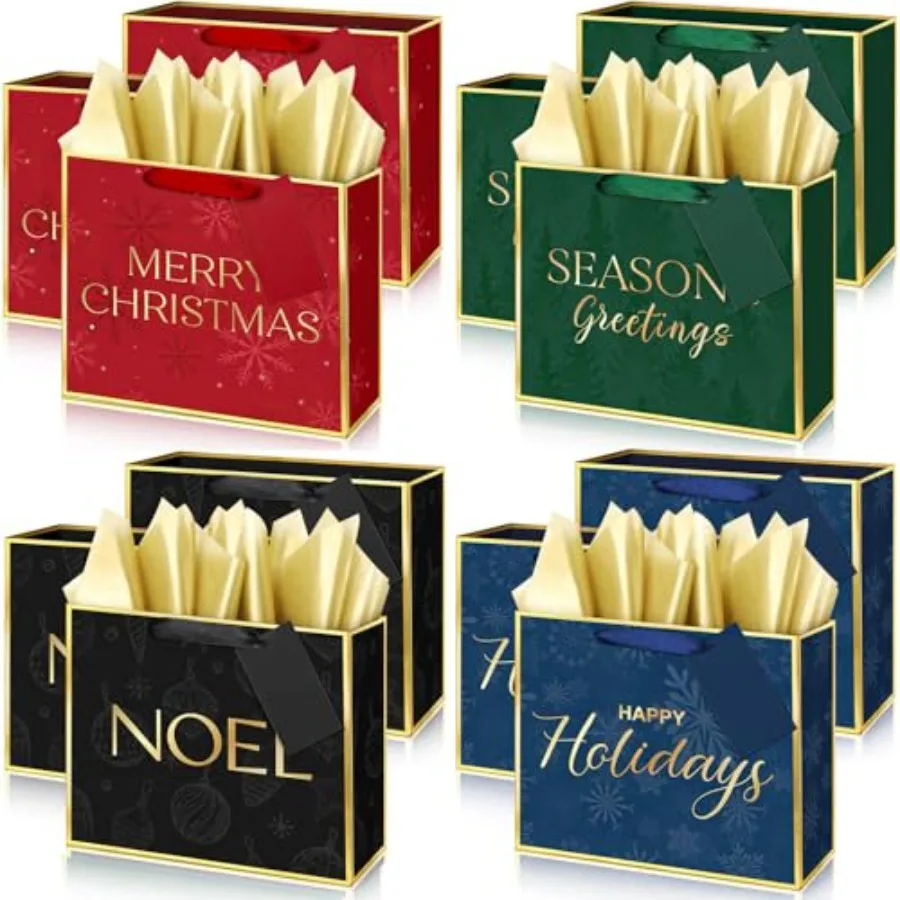 

12 Pack Metallic Christmas Gift Bags with Tissue Paper and Tags Red Green Blue Black Merry Christmas Gift Bags Presents Wrappin