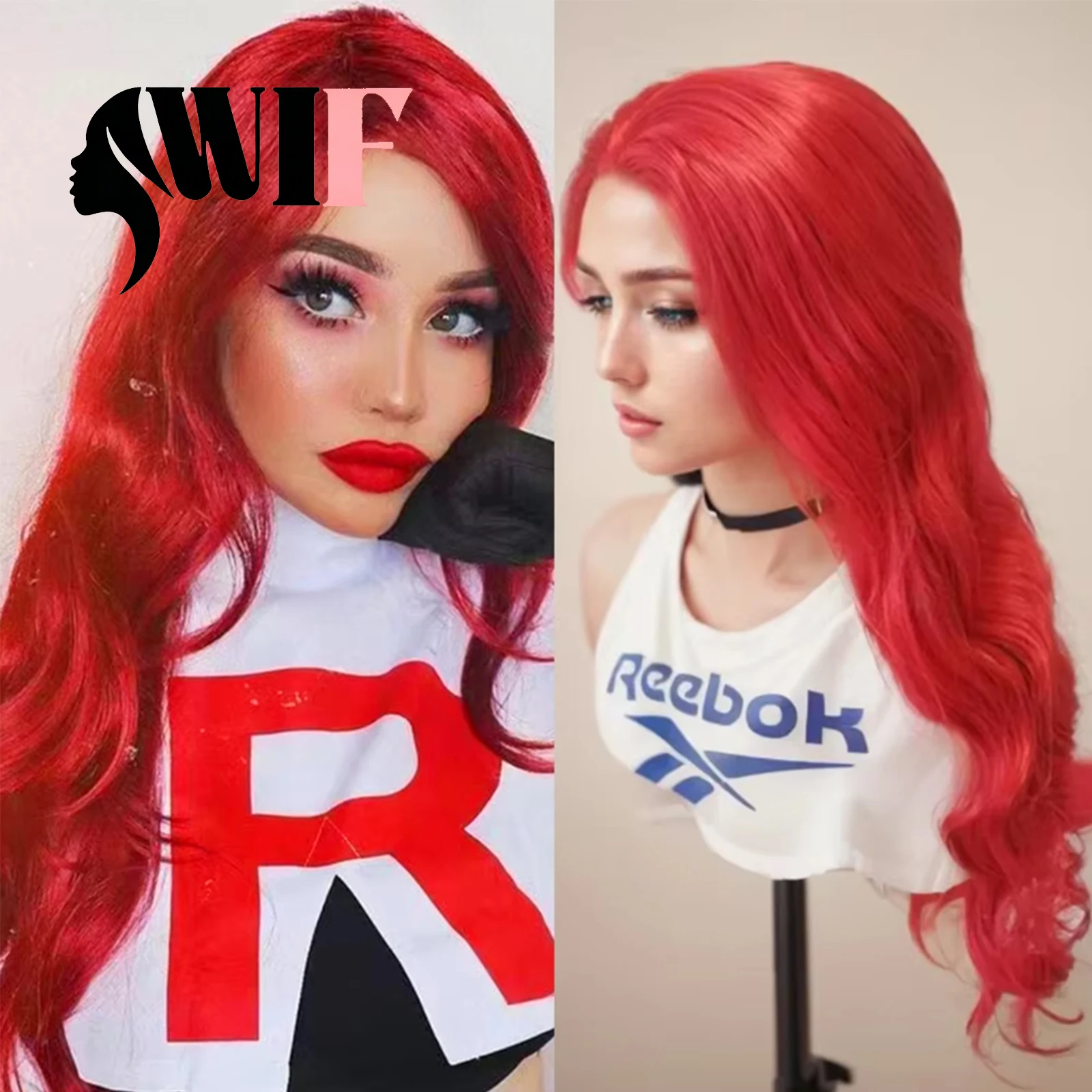 WIF Hot Red Synthetic Wave Hair Cosplay Wig Red Body Wave Heat Fiber Lace Front Wigs Natural Hairline Women Makeup Hair