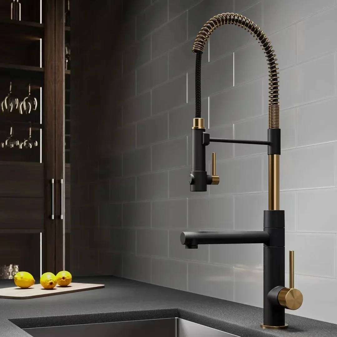 Brushed Gold Brass 2-Function Commercial Style Pre-Rinse Kitchen Faucet with Pull-Down Spring Spout and Pot Filler