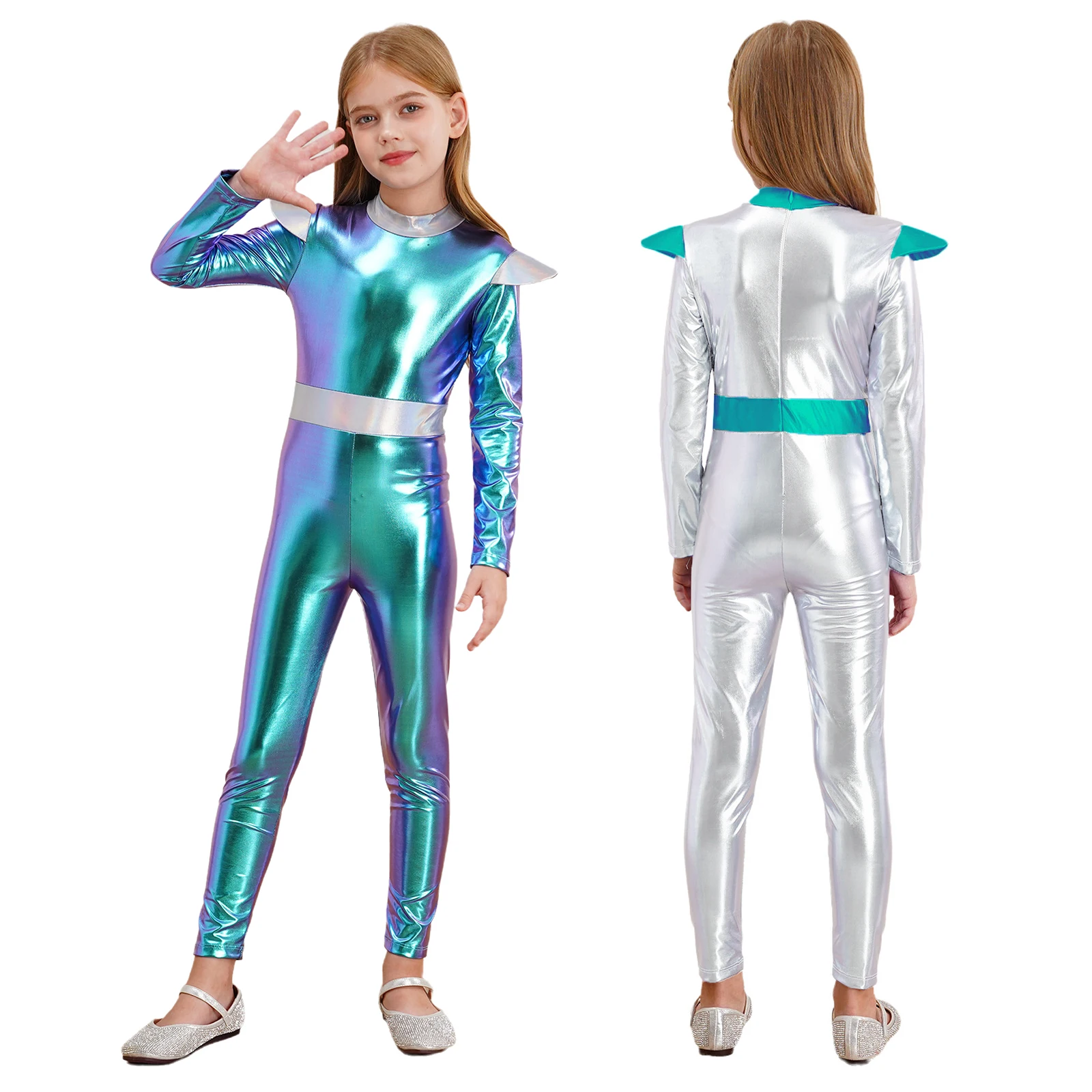 Kids Girls Halloween Alien Robot Cosplay Costume Space Astronaut Themed Fancy Party Dress Up Long Sleeve Shiny Metallic Jumpsuit