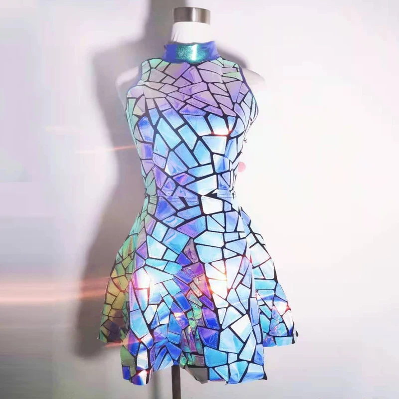 

Shiny Purple Blue Laser Dress Women Mirrors Dress Nightclub DJ Group Pole Dancer Dress Stage Jazz Costume Festival Outfit 6198