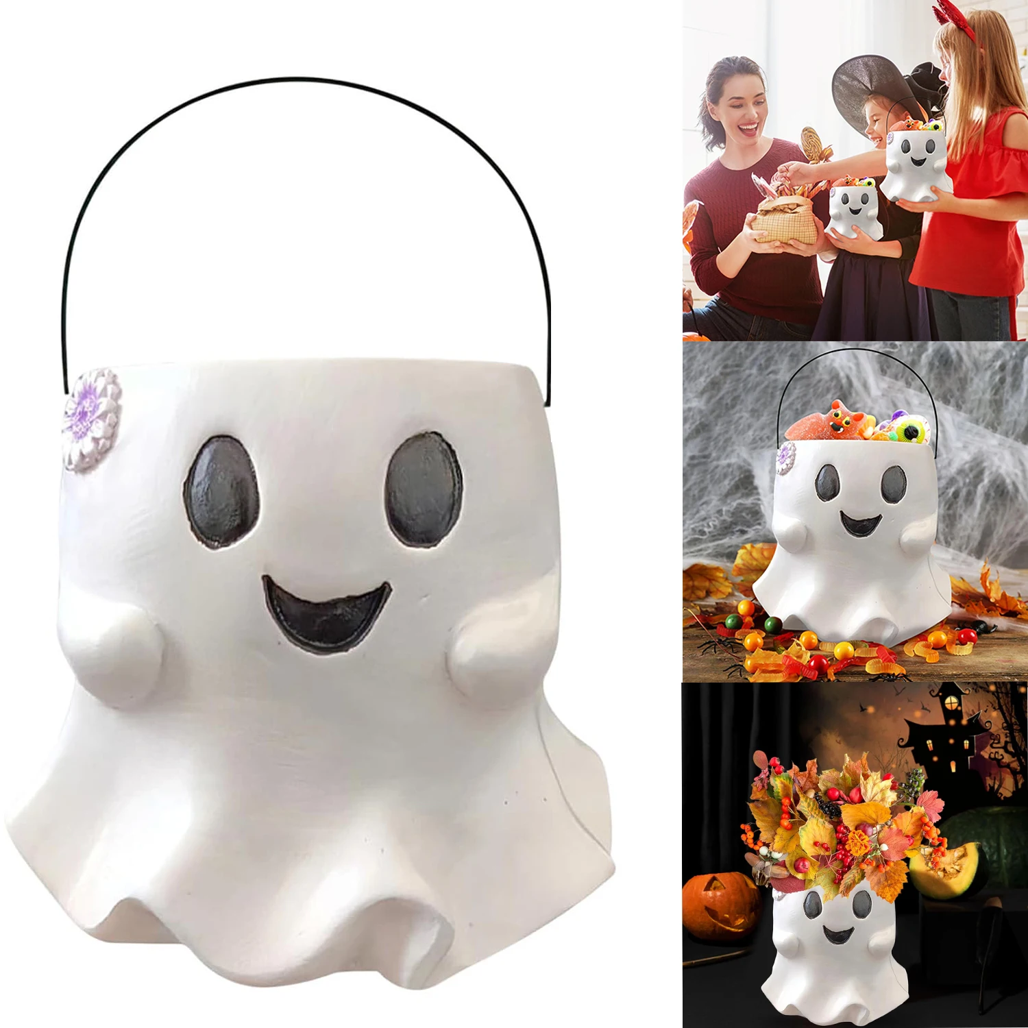 Halloween Treat Buckets, Ghost Bucket, Cute Ghost Snack Candy Bowl, Ghost Vase Decor, Resin Planter Flower Pot for Home Indoor O