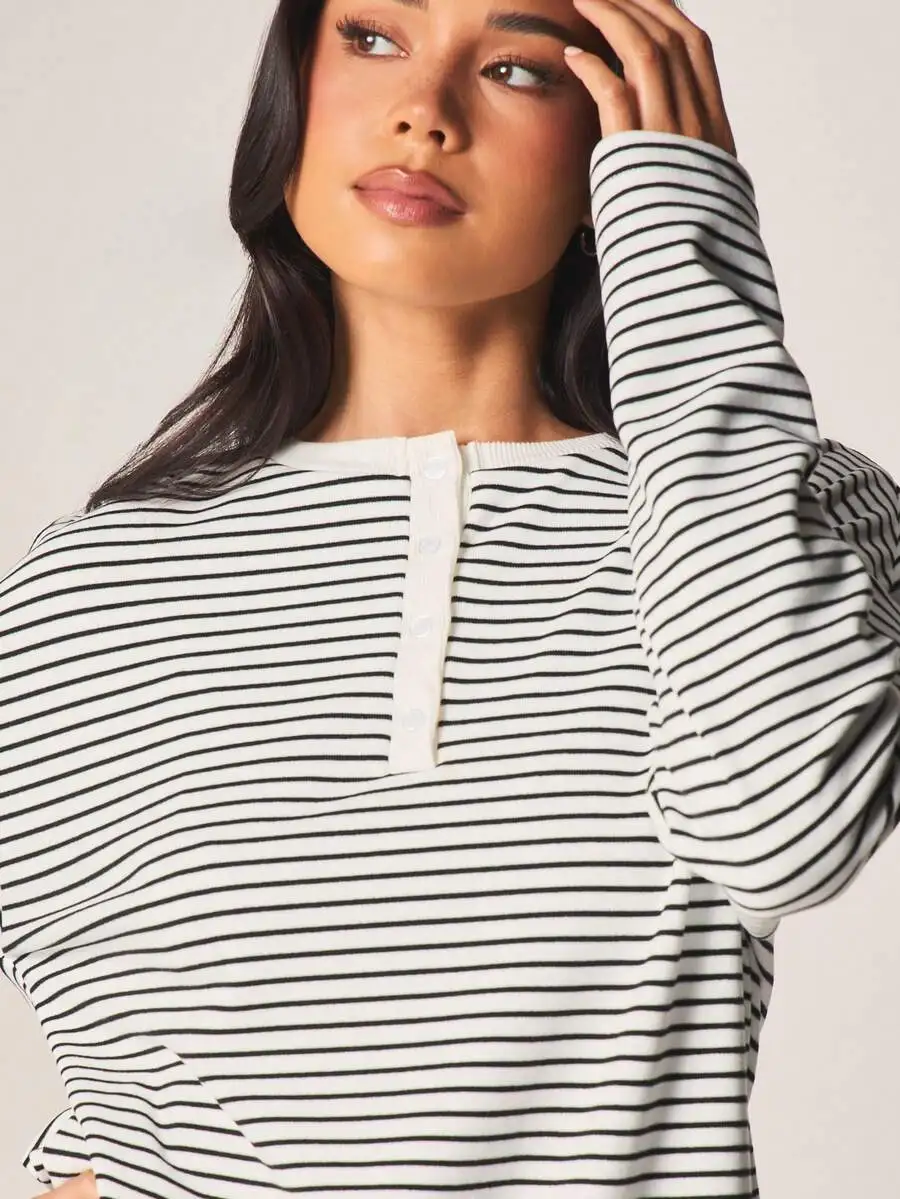 Striped Long Sleeve Pullover Top With Button Placket Relaxed Fit Lounge Pajama Set