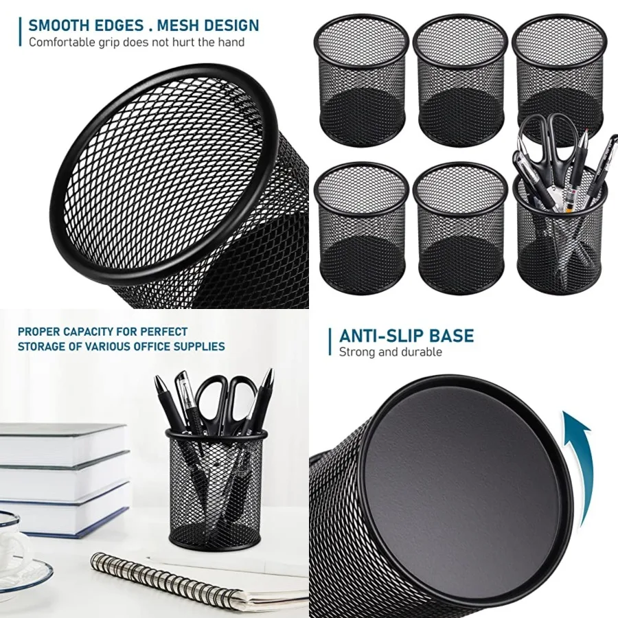 

Mesh Pen Cup Metal Pencil Holder for Desk 6 Packs Black Pen Organizer Office 3.54x3.93 Inch