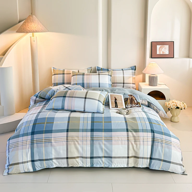 4PCS Blue Plaid Bedding Set Modern Geometric Grid Duvet Cover Set with Pillowcases Soft Breathable Bed Linen for All Seasons