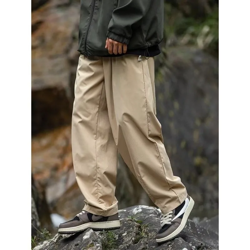 

Preppy Style Spring Autumn Men's Clothing Solid Color Elastic High Waist Pockets Casual Loose Cargo Trousers Wide Leg Pants