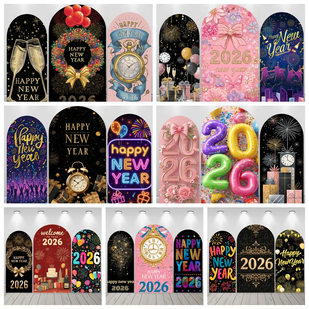 

2026 New Year Arched Background Cloth Black Gold Clock Colorful Balloon Digital Decoration New Year Eve Party Photo Decoration