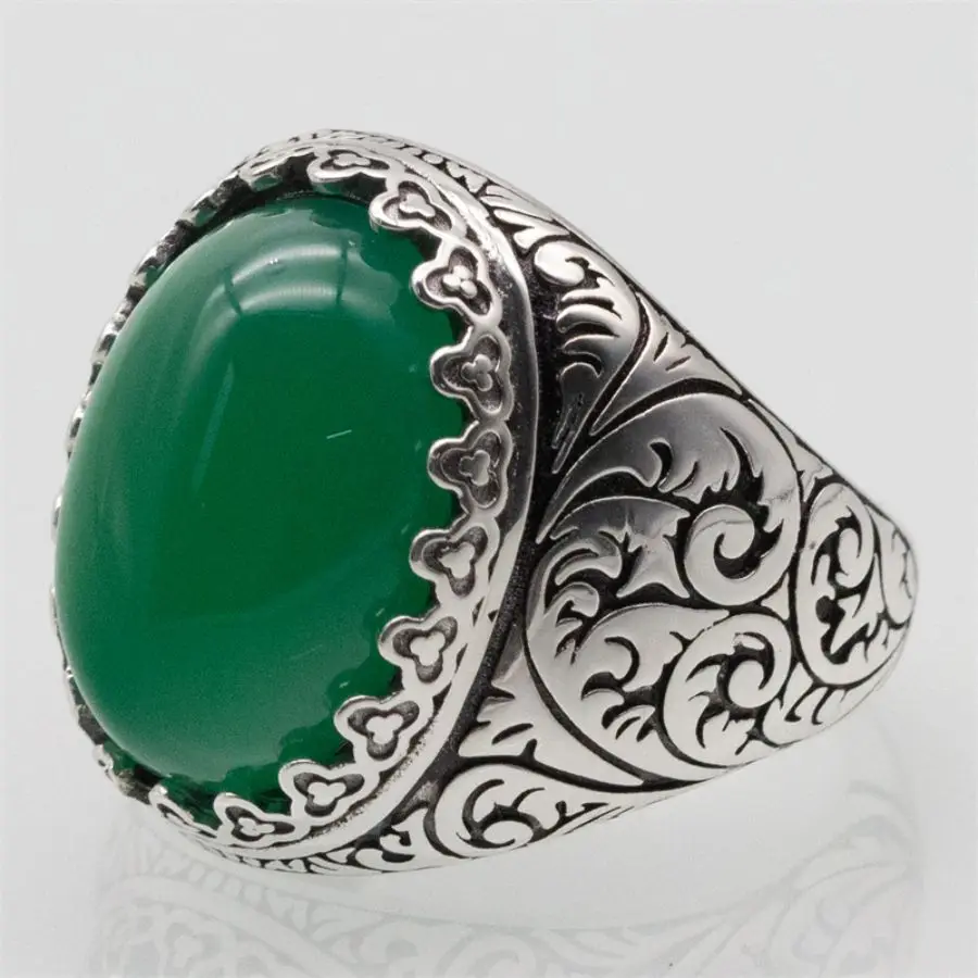 Wholesales Original 925 Sterling Silver Turkish Men Antique Ring Vintage Natural Green Agate Stone Hand Ring