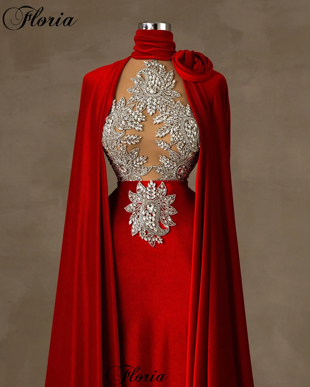 Dubai Muslim Red Evening Dresses Mermaid High Neck Wedding Party Dresses With Crystals Robes De Soirée Formal Occasion Gowns