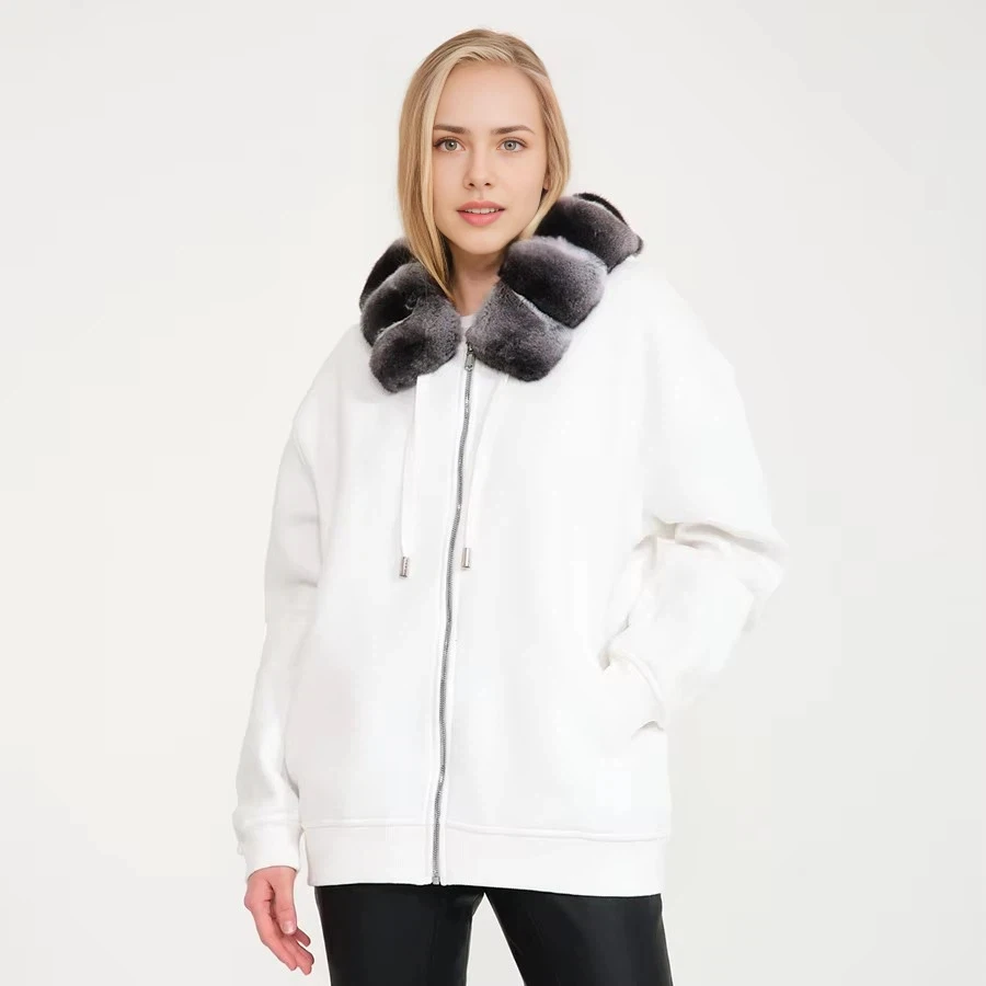 2022 Phụ Nữ Áo Khoác Hoodie Thật Thỏ Chinchilla Cổ Lông Nữ Của Áo Dạo Phố Khóa Kéo Lên Cao Cấp Hoody Dây Kéo Chính Hãng