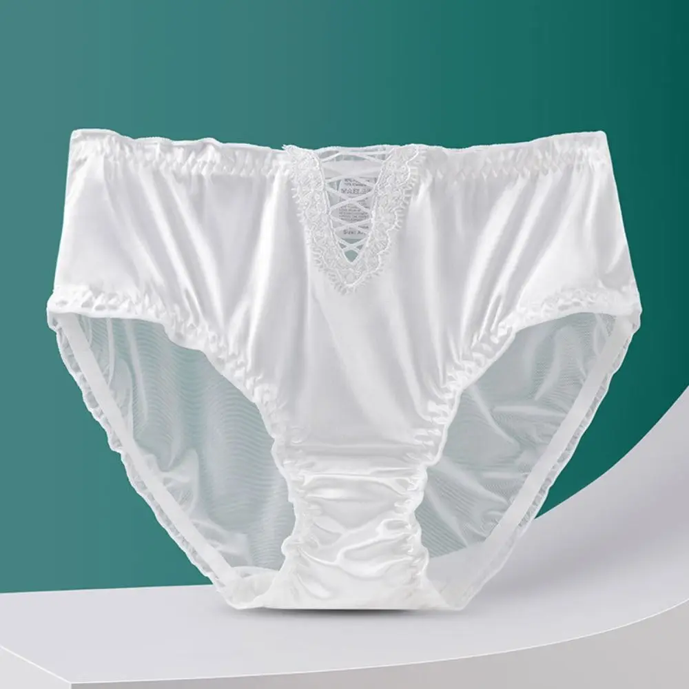 Celana Dalam Wanita Bahan Sutra Es Satin Model Ruffle Berongga Pinggang Sedang Gaya Prancis Bagian Crotch Katun