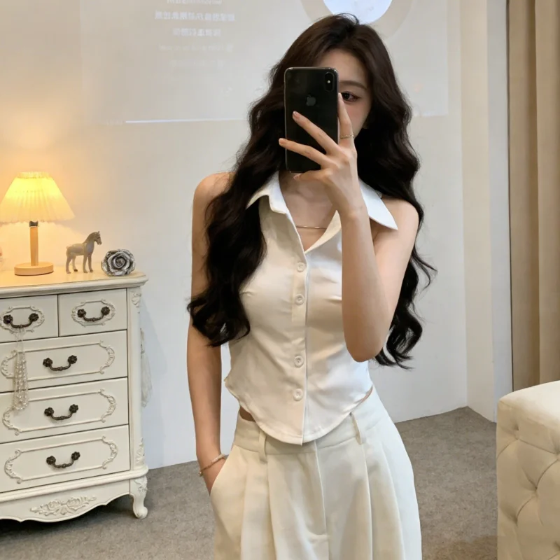 Sexy Spicy Girl Single Button Shoulder Bared Neck Collar Vest Women Spring Elegantly Slimming Short Outerwear Top