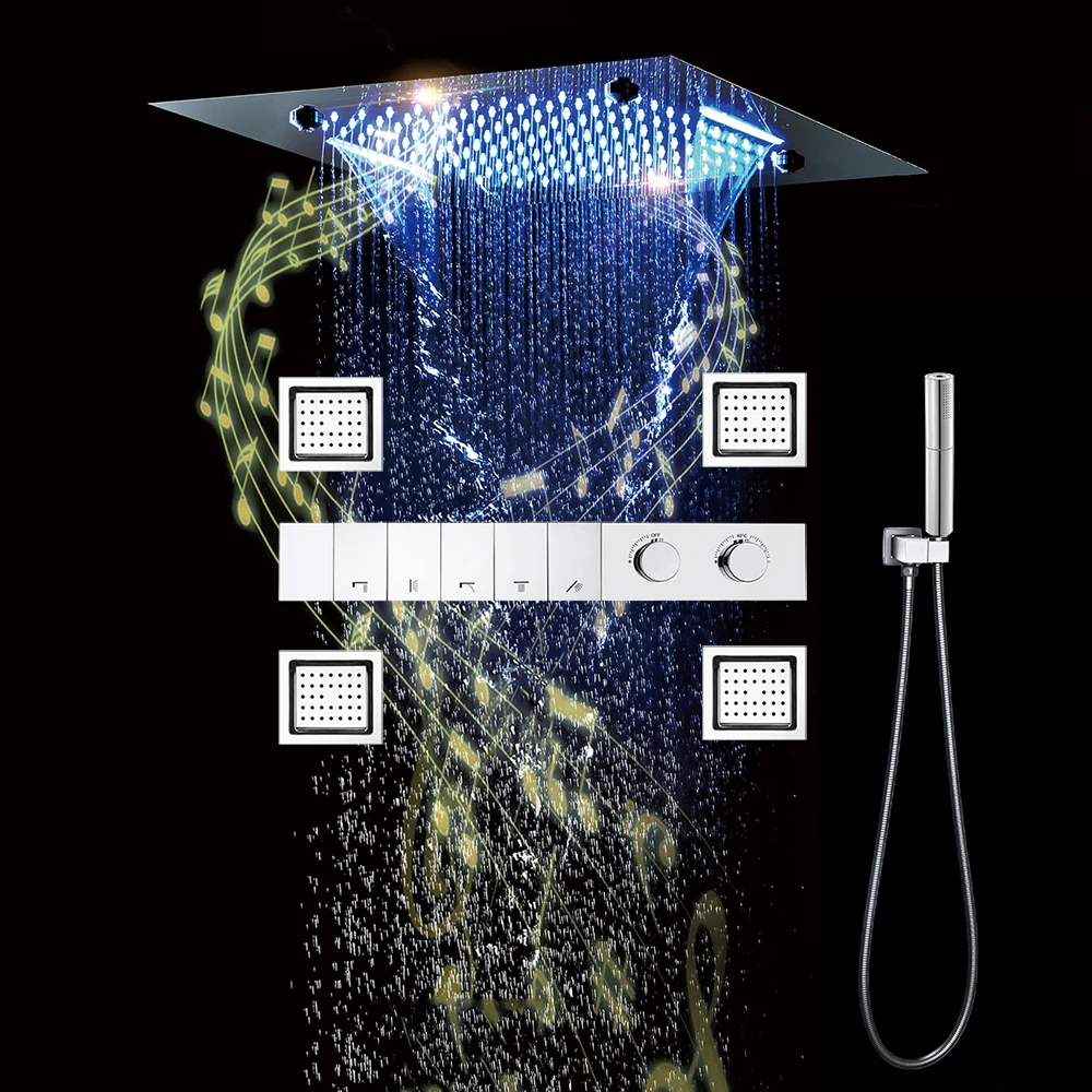 

Qlonn Chrome Shower System 20 Inch Music Shower Head Rainfall Bathroom Faucet Smart Thermostatic Mixer Diverter Massage Body Jet