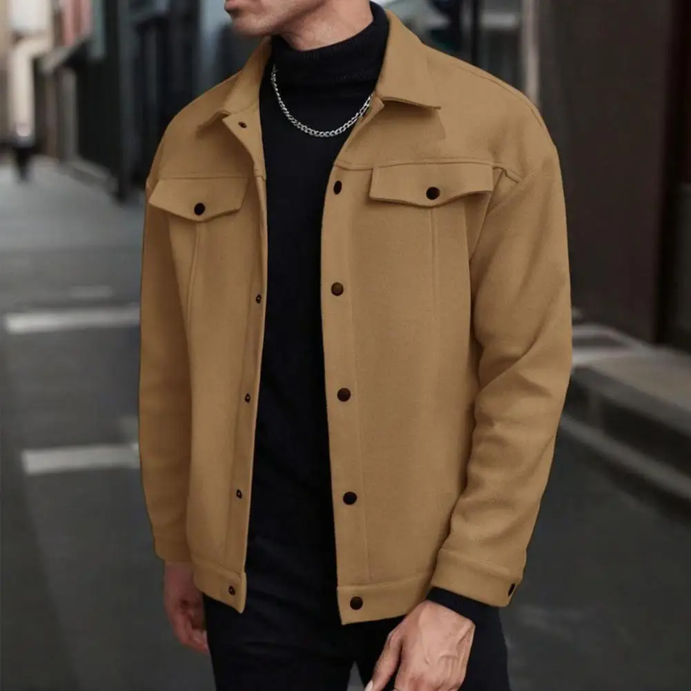 

Textured Men Coat Men Woolen Jacket Stylish Men's Woolen Lapel Coat with Flap Pockets Long Sleeve Business Jacket for Autumn